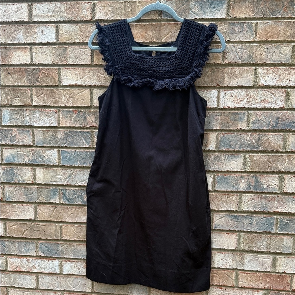 Madewell Sleeveless Black Shift Dress with Crochet Fringe Yoke